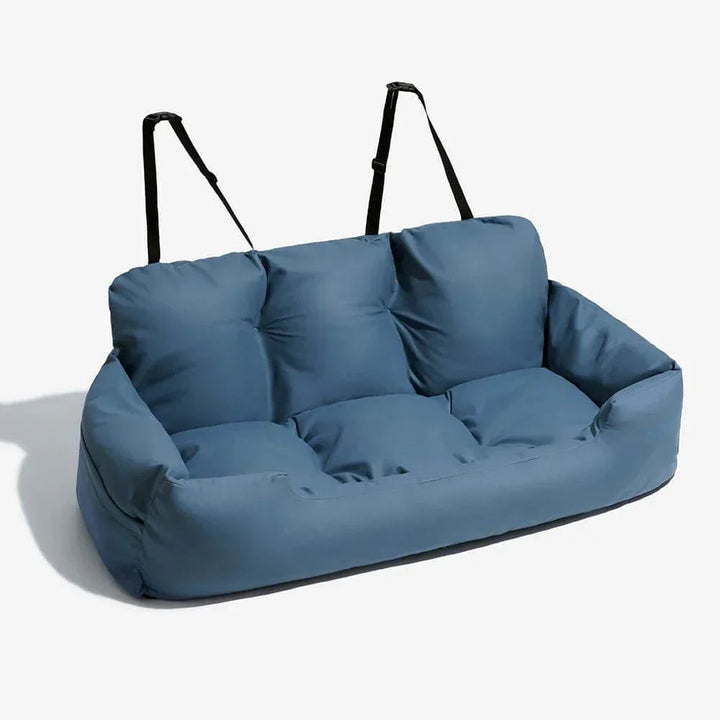 Medium gray pet car bed, a comfortable and washable dog travel bolster seat for pet car comfort.