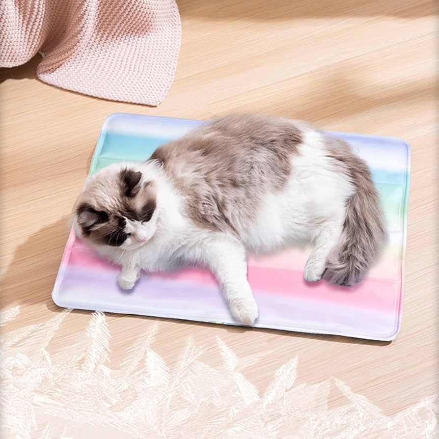 Cooling pet bed with rainbow gradient for cats, dogs; self-cooling comfort mat for summer