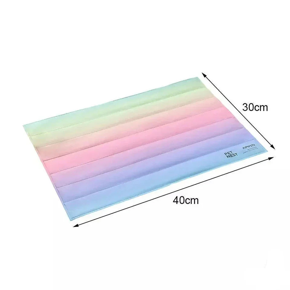 Colorful rainbow striped pet mat, self-cooling comfort for cats & dogs during hot weather