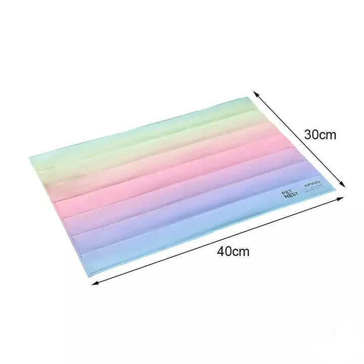 Colorful rainbow striped pet mat, self-cooling comfort for cats & dogs during hot weather