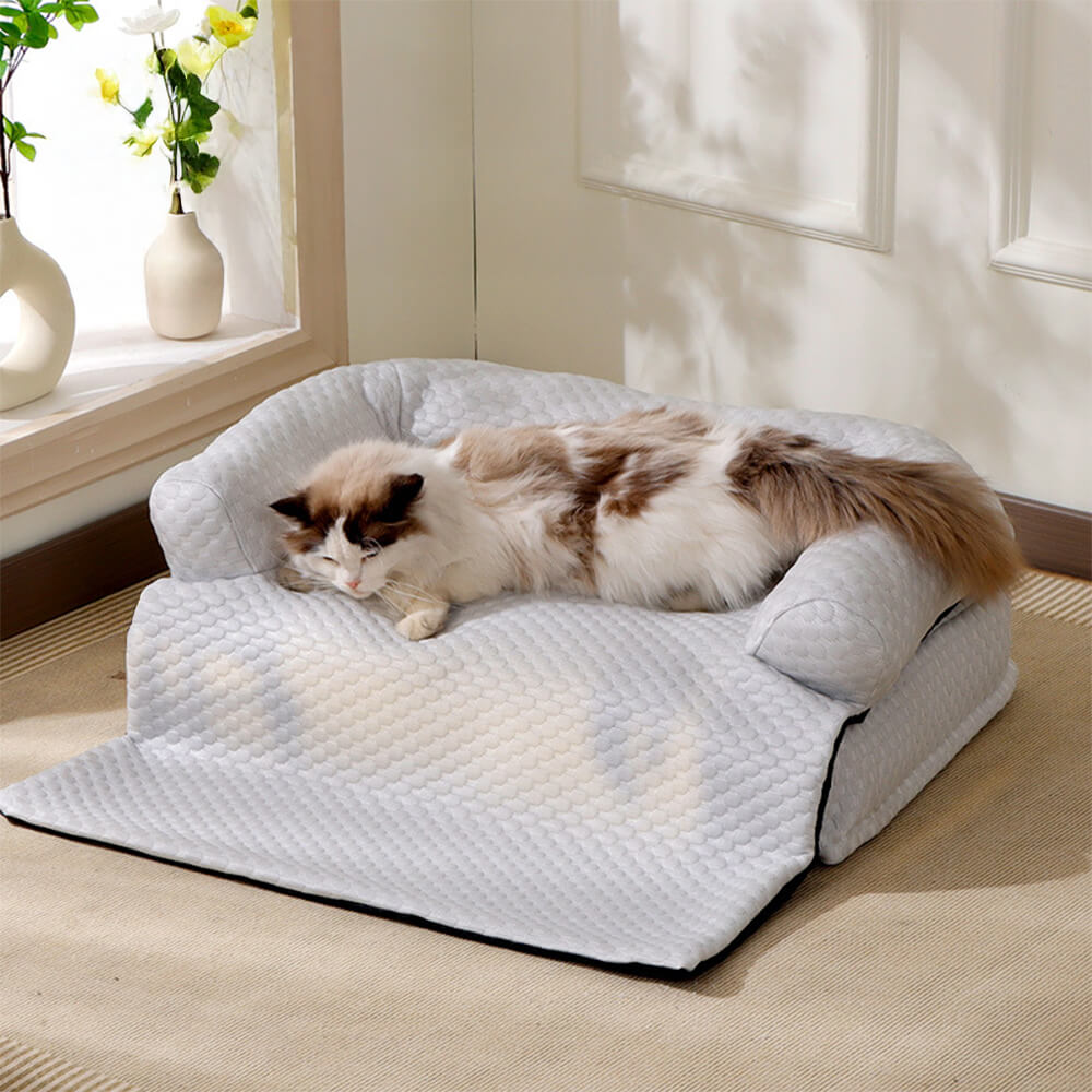 Close-up of the cooling fabric on a pet couch cover, ideal for dogs & cats.