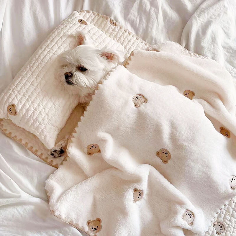 Cozy animal embroidered dog bed set with soft cotton pillow & quilt for pet comfort