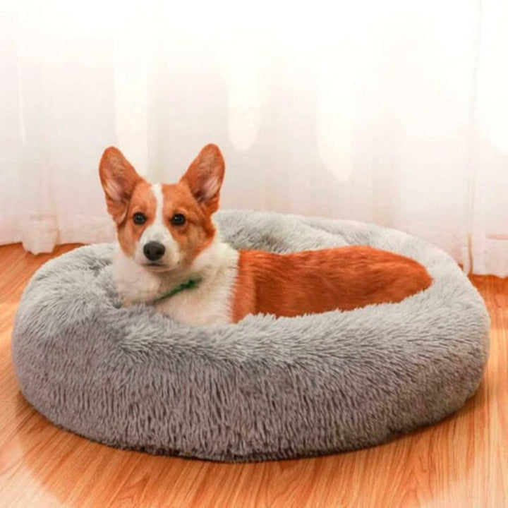 Plush grey anti-anxiety pet bed, round design for dogs & cats comfort, durable pet supplies