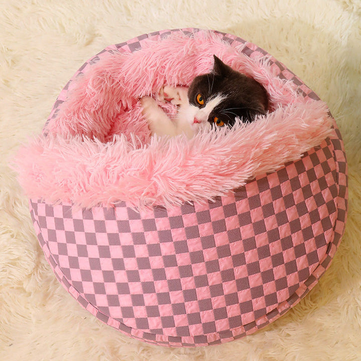 Cozy calming pet cave bed, plush anxiety relief for cats & small dogs