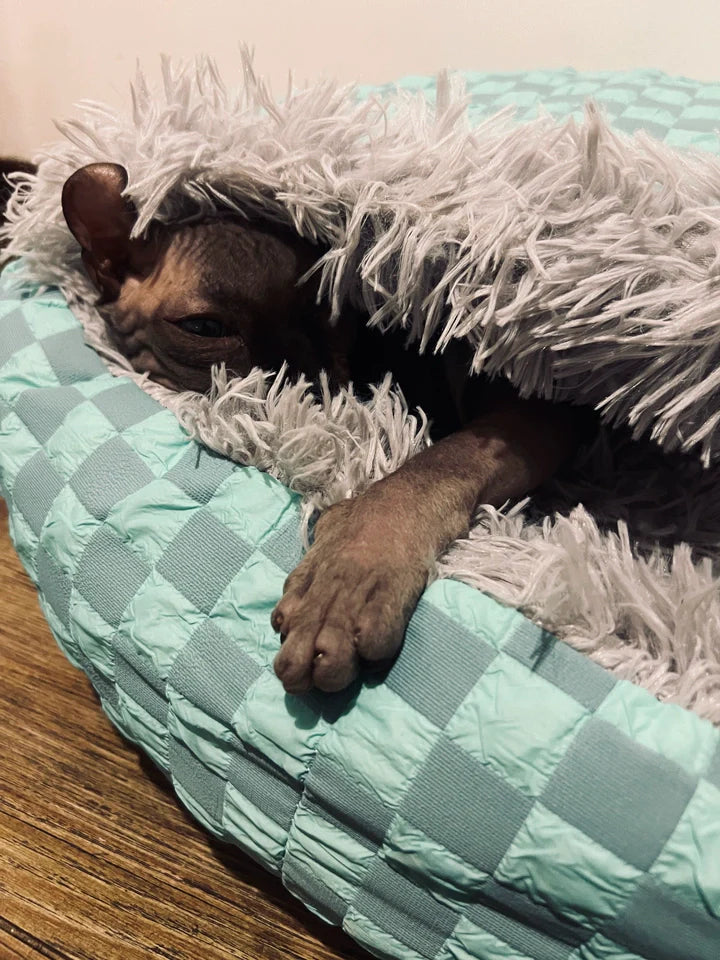 Comfortable pet bed, calming cave for anxious cats & small dogs, plush design
