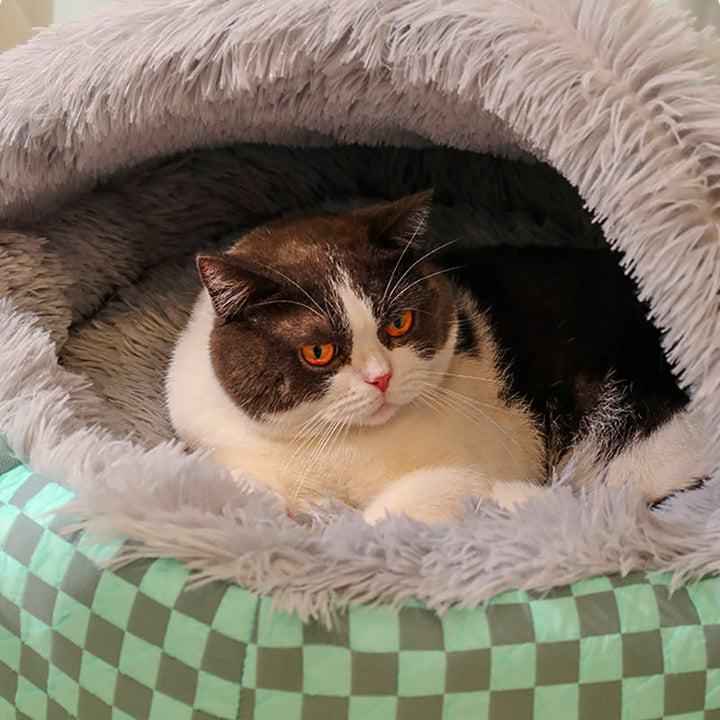 Small pet bed, calming cave design in soft plush for cats and small dogs