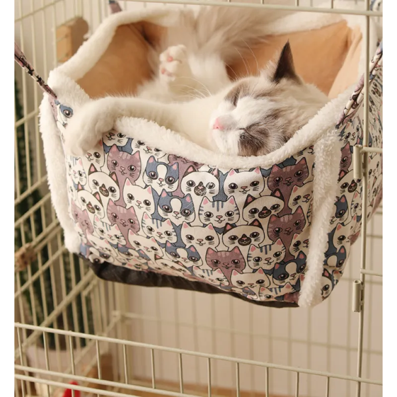 Enclosed cat sleeping basket, soft and patterned, offering a private and secure retreat for pets.
