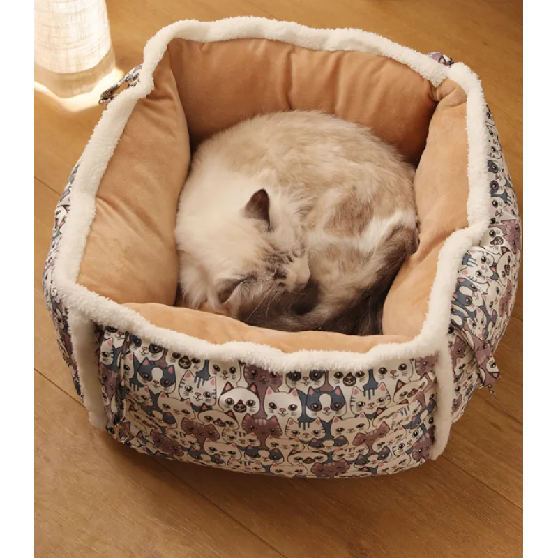 Round cat bed with a cozy cave shape and playful paw print pattern, ideal for deep sleep.