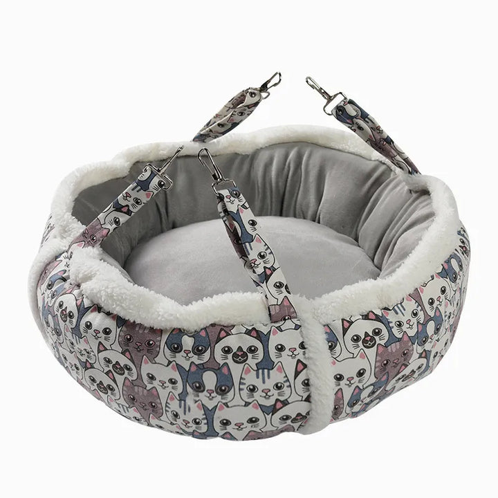 Soft pet bed, a stylish cat cave with a cheerful pattern, ensuring warmth and comfort.
