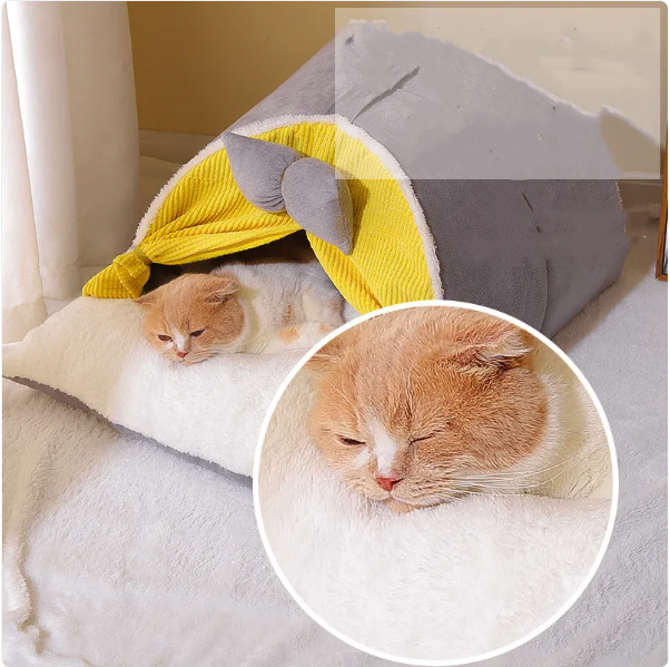 Chic milky yellow cat house with an arch design and bow, offering a cozy retreat for cats, ideal pet gift.
