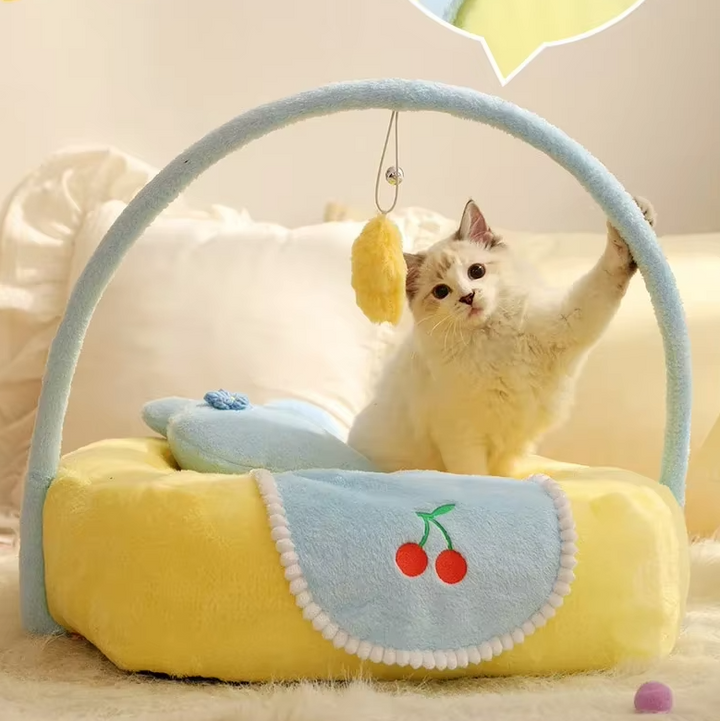 Cute duck pet bed. Yellow, soft cat bed for cats, promising pet comfort and a cozy sleep space.