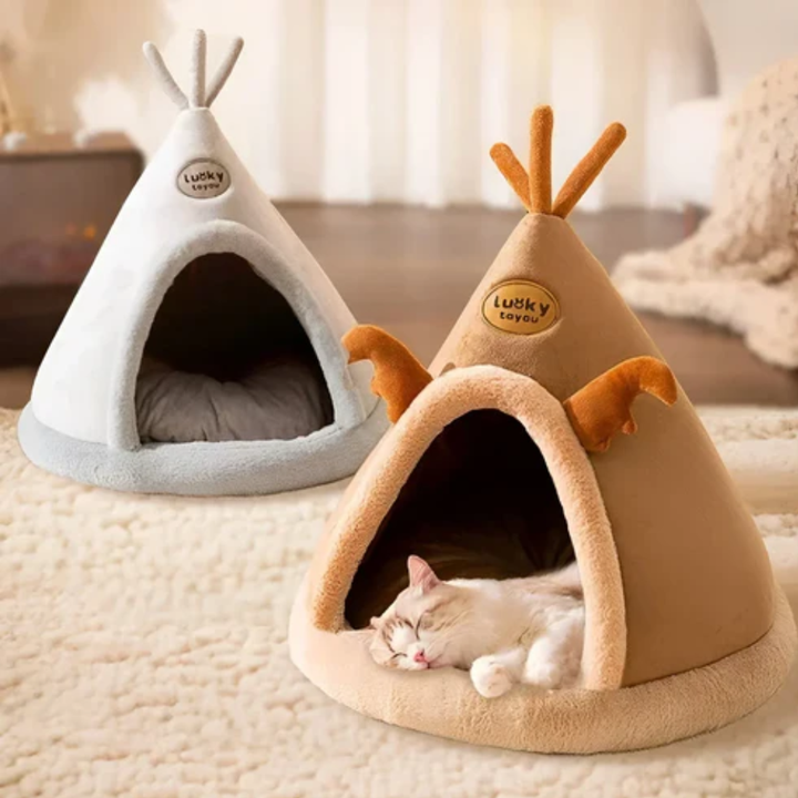 Cozy grey pet cave bed for cats & small dogs, soft kennel house with plush cushion for indoor comfort