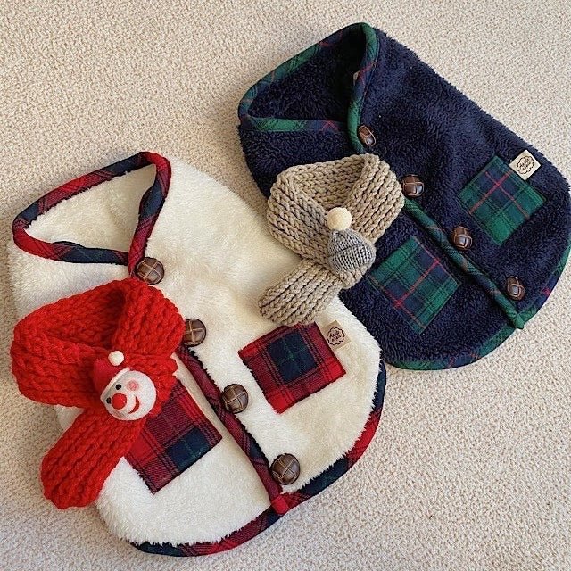Cozy pet fleece vest & scarf set in red plaid, perfect for winter warmth & dog fashion.