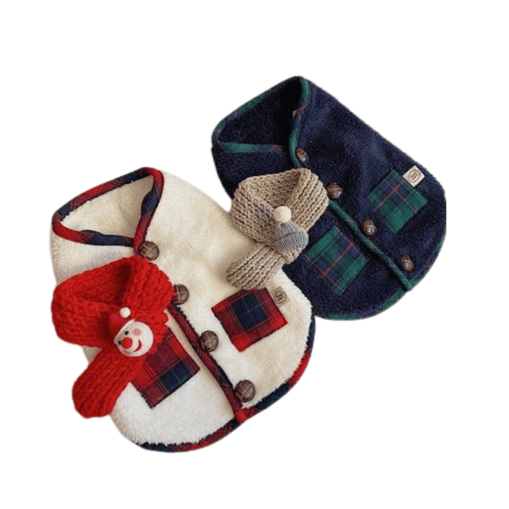 Chic pet fashion: Winter dog outfit featuring a soft fleece vest & plaid scarf set.