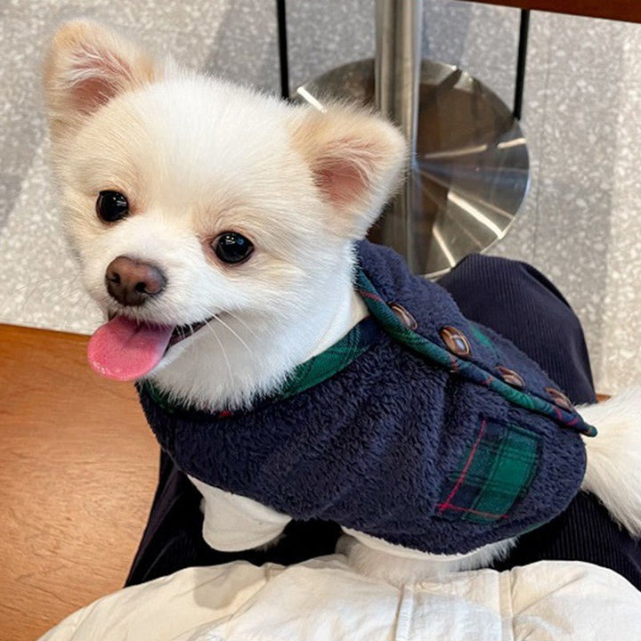 Adorable pet apparel: Fleece vest & scarf set, a warm dog outfit with classic plaid design.