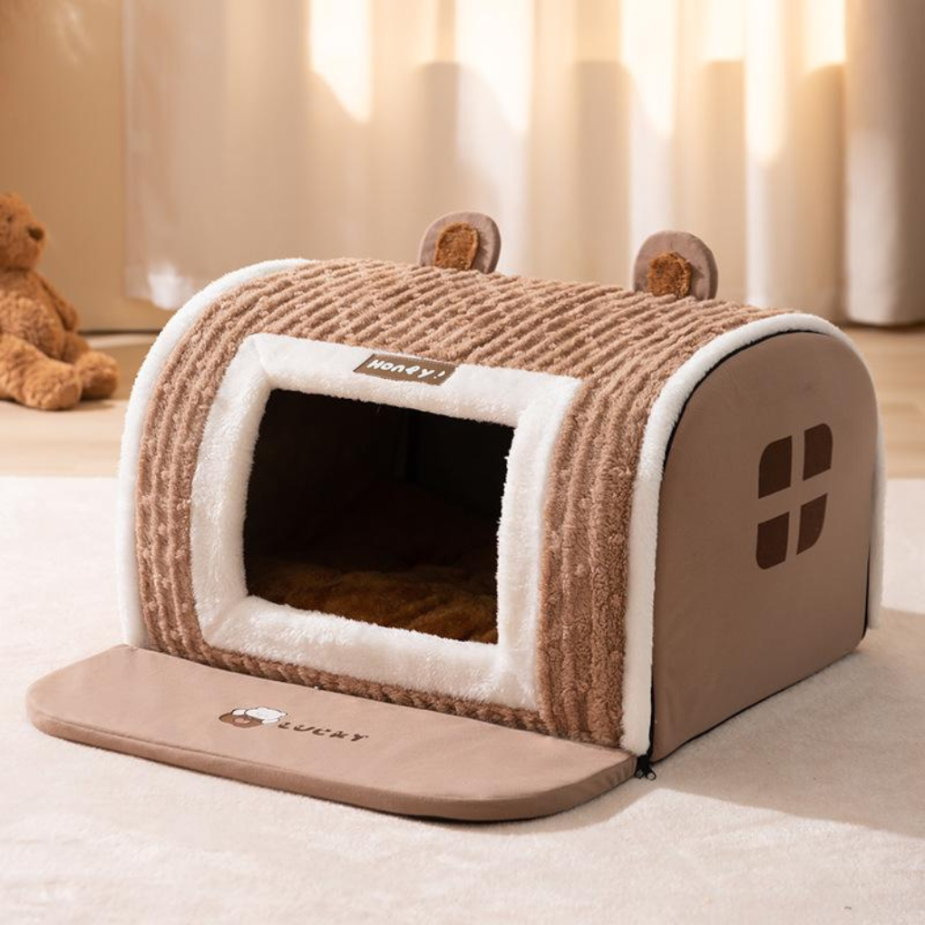 Cozy pet igloo bed for cats and small dogs, padded for comfort, ideal indoor pet resting house.