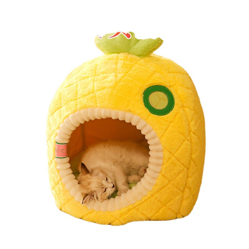 Adorable yellow pineapple cat cave, perfect cat furniture for a comfortable and cute pet bed.