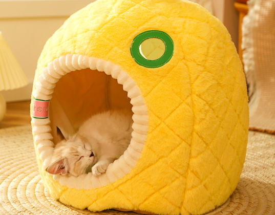 Unique pineapple pet bed, a cozy cat sleeping cave with a fun fruit design for pet supplies.