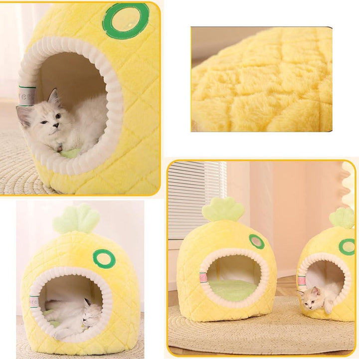 Soft cat bed in pineapple shape, an enclosed pet cave for ultimate comfort and playful decor.