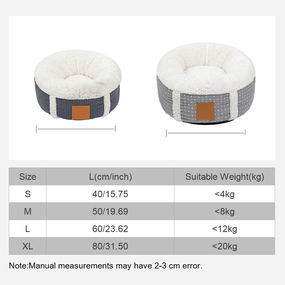 Winter-ready plush pet bed, washable and cozy, suitable for cats and small dogs.