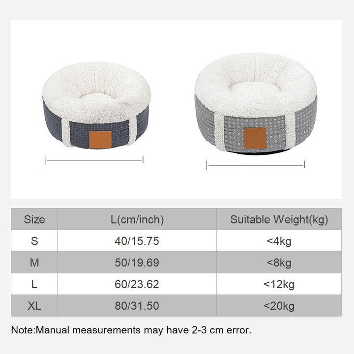 Winter-ready plush pet bed, washable and cozy, suitable for cats and small dogs.