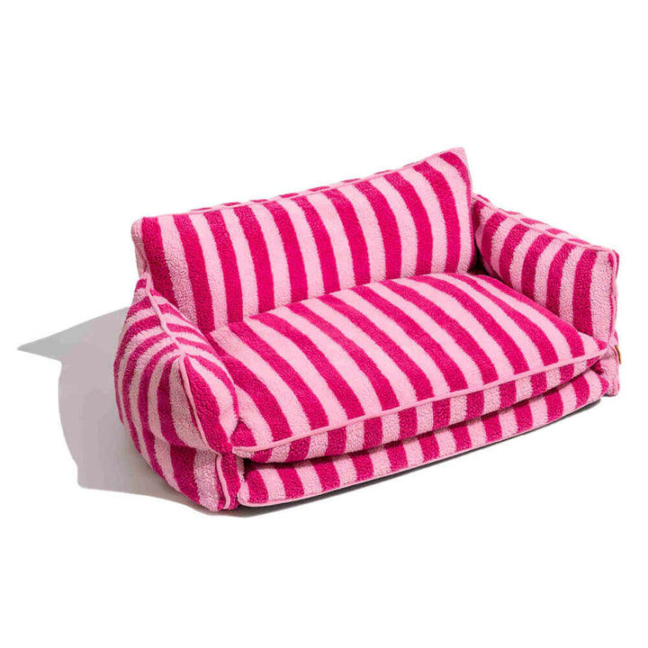 Striped faux lambswool pet sofa bed, softest dog bed, plush cat lounger, durable and stylish.