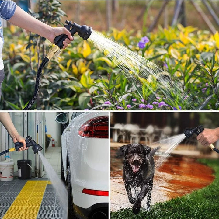 Flexible garden hose expanding to full length, showing its easy-to-use and kink-free design for watering.