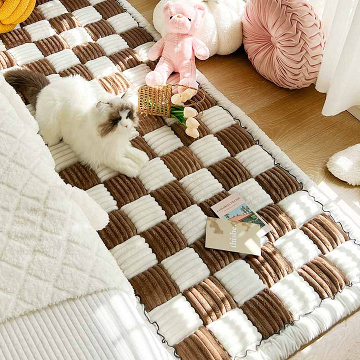 Cream plaid fuzzy pet couch cover, chenille, non-slip, perfect for dogs & cats, home decor