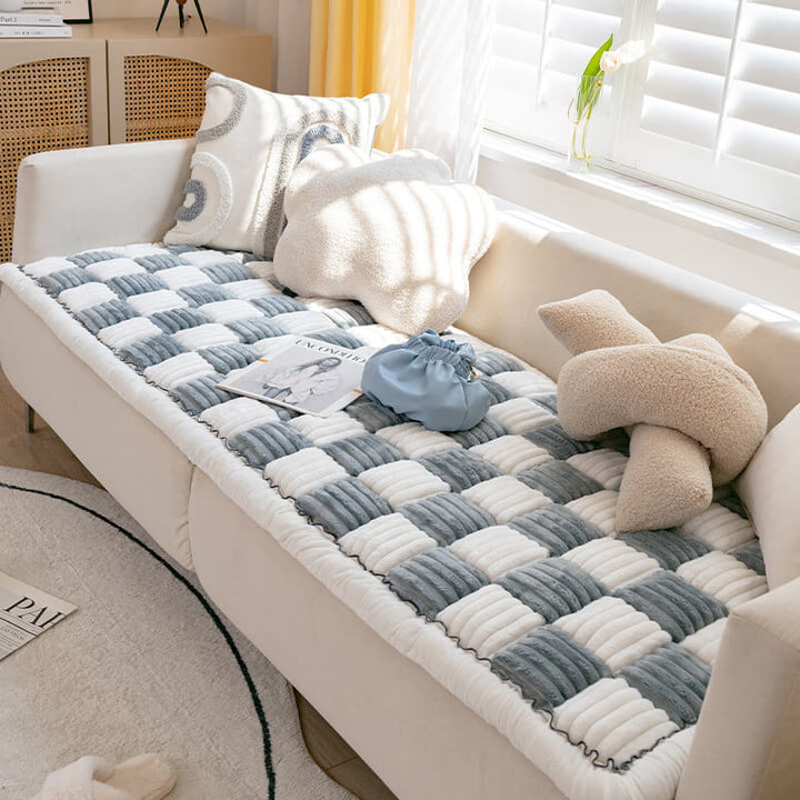 Soft cream chenille plaid pet couch cover, fuzzy texture, provides pet comfort & furniture protection