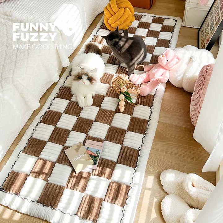 Stylish cream plaid fuzzy pet couch cover, unisex, enhances home decor while protecting furniture
