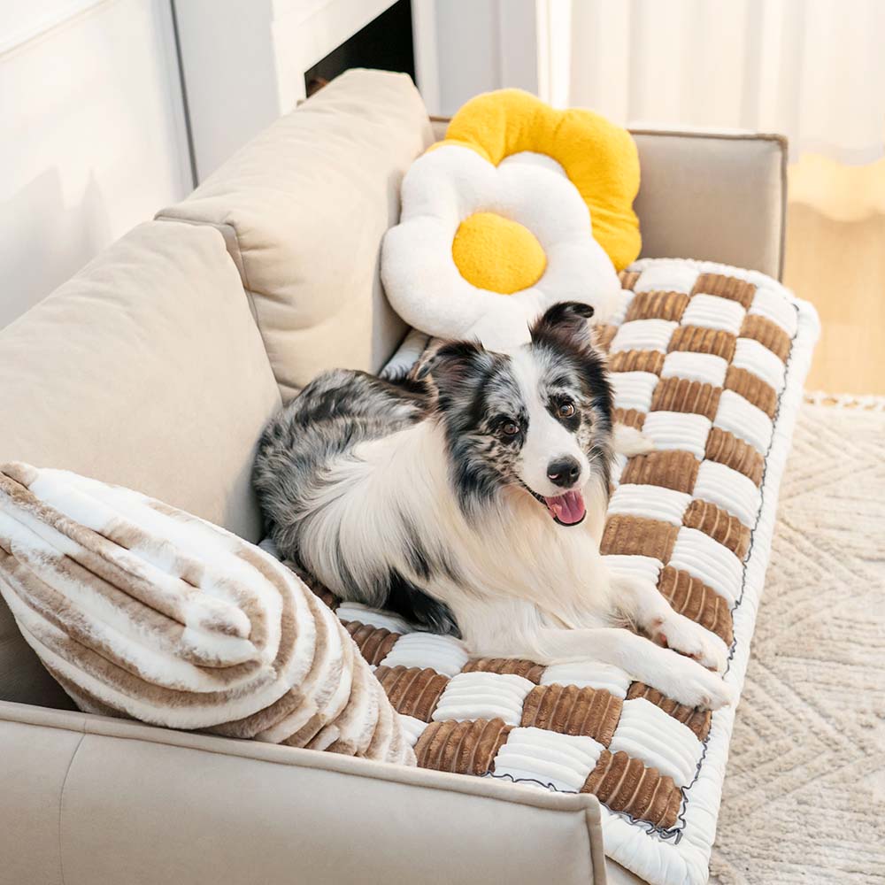Cream plaid fuzzy pet couch cover, acts as a comfy cat bed or dog bed, home accent
