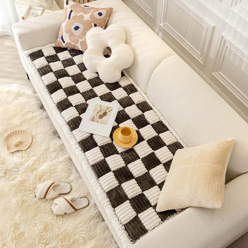 Fuzzy cream plaid pet couch cover, soft chenille, machine washable, modern home decor