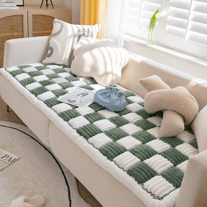 Non-slip cream plaid fuzzy pet couch cover, durable and comfortable for your furry friends