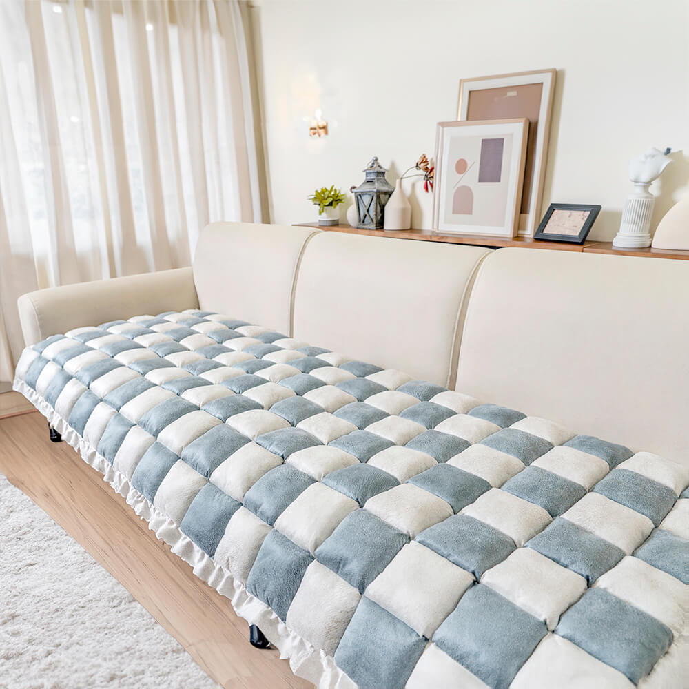Machine washable cream plaid fuzzy pet couch cover, chenille, practical & decorative