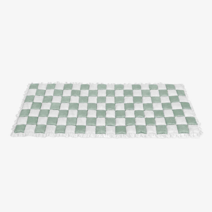 Cream plaid pet couch protector, fuzzy chenille, non-slip, essential for pet-friendly homes