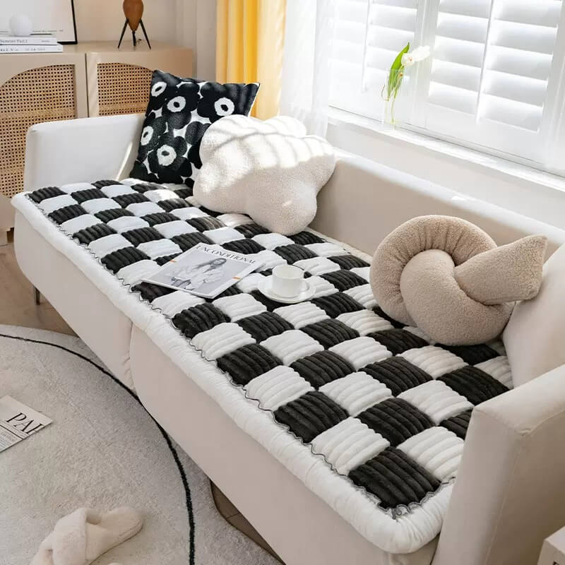 Soft cream plaid pet couch cover, fuzzy chenille fabric, ideal for pet beds or home decor