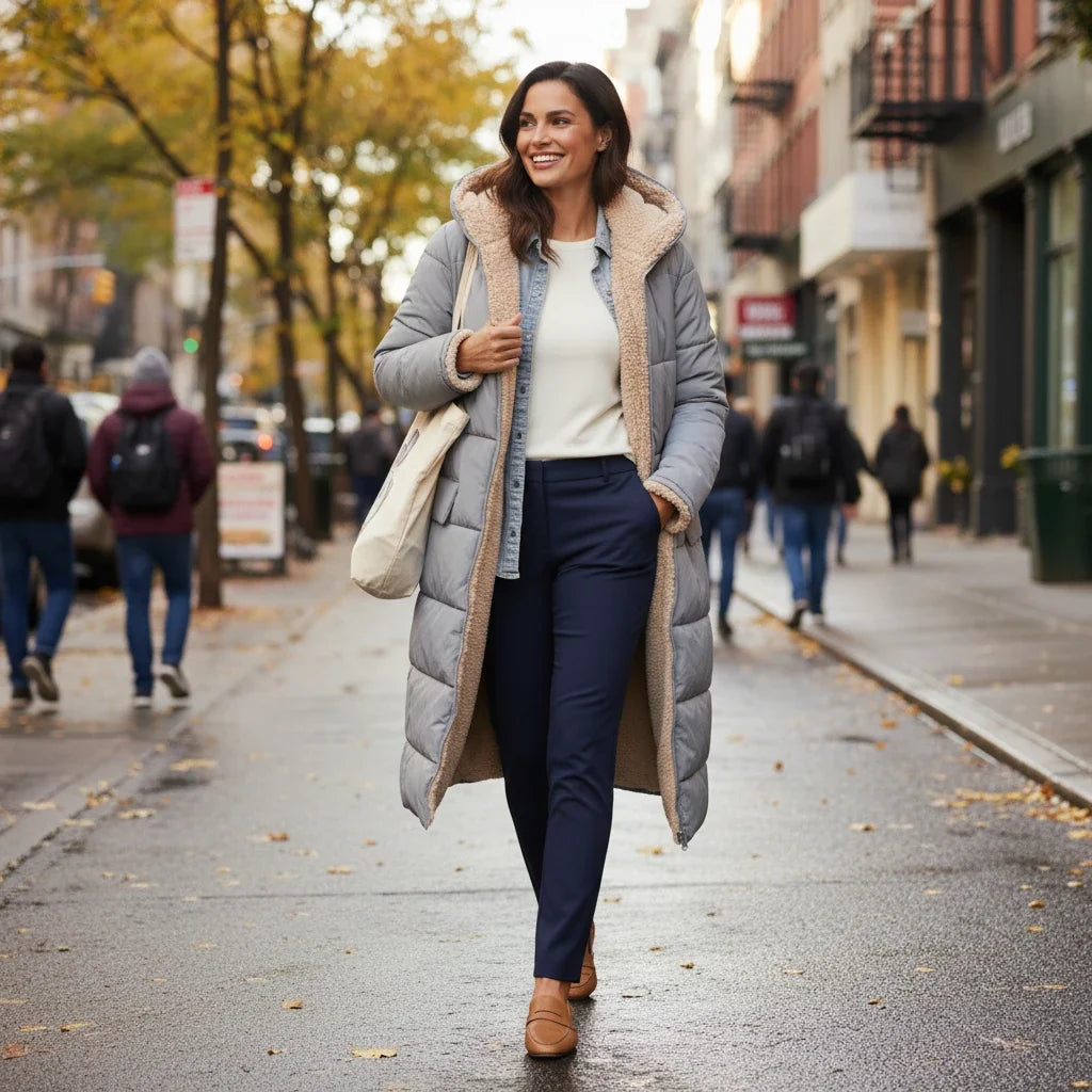 Oversized women's hooded jacket, warm and fashionable for winter layering.