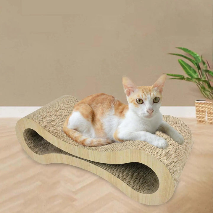 Cat lounge scratcher, curved cardboard design for comfortable resting and scratching, durable pet toy