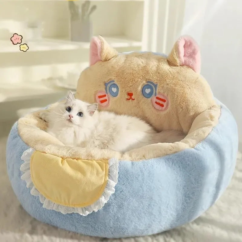 Cute cat bed with soft plush lining for small pets, cozy and comfortable.