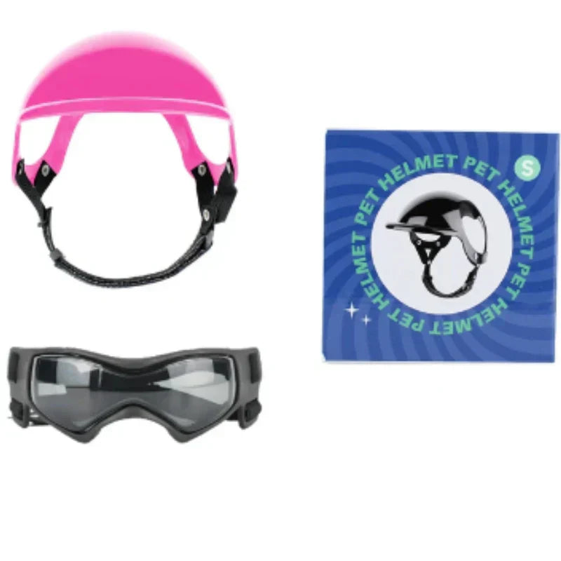 Happy dog exploring with durable helmet & goggles, offering pet eye protection