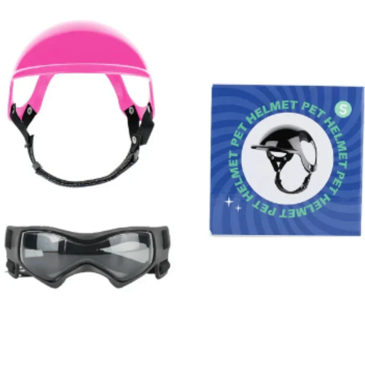 Happy dog exploring with durable helmet & goggles, offering pet eye protection