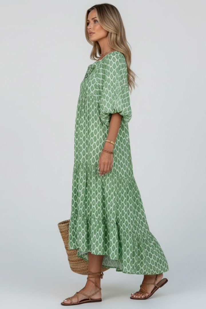 Women's casual V-neck summer dress in a relaxed fit. Printed long dress, ideal for everyday comfort.