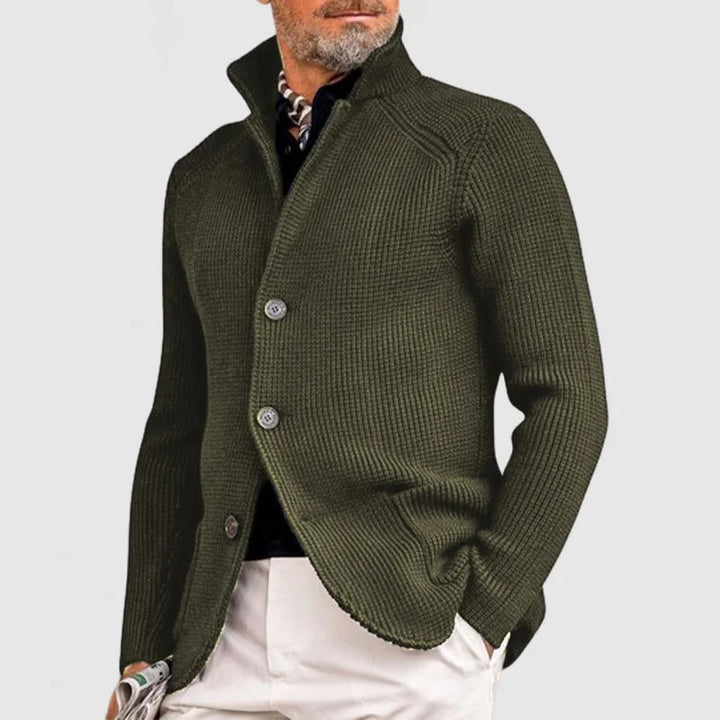 Men's comfortable rib knit cardigan, a versatile layering piece with a classic shawl collar.