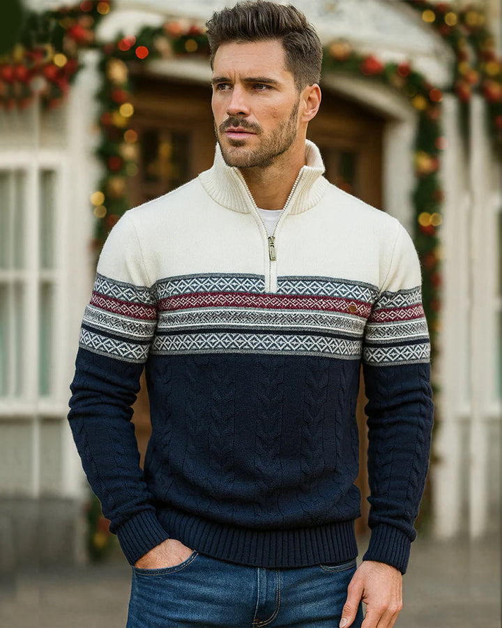Close-up of the intricate Nordic knit pattern on the men's Bergen half-zip pullover.
