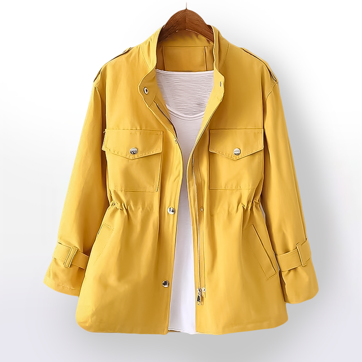 Elegant women's fall/spring waterproof coat. Stylish outerwear with a chic cinched waist.