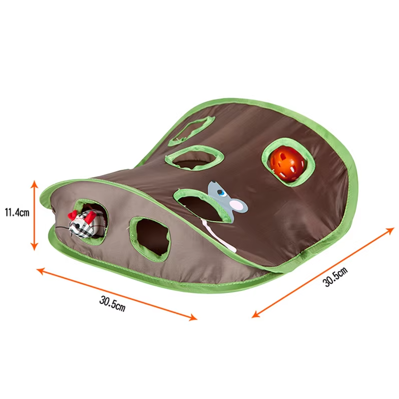 Dark brown interactive cat play mat with multiple tunnels and holes for hunting and hide-and-seek fun.