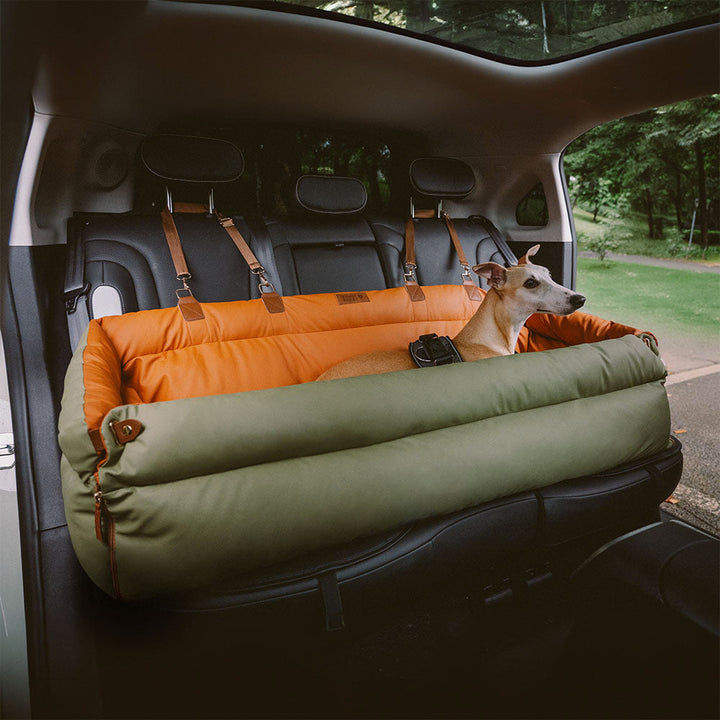 Deluxe faux leather dog car seat booster bed, tan, for safe pet travel & comfort