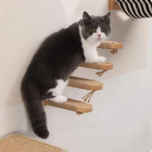 Deluxe wall-mounted cat steps with sisal rope, a multi-tier climbing structure for feline enrichment