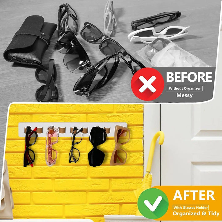 Bamboo wood eyeglasses storage wall display rack with leather hangers, ideal for modern home & office decor.