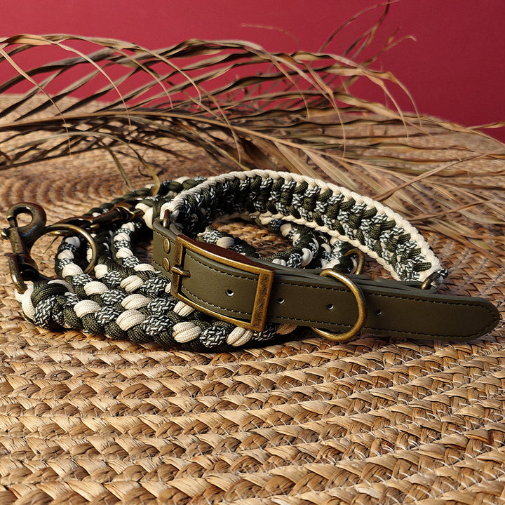 Dog anti-pull collar and leash set, hand-woven hemp rope with faux leather details, pet accessory for effective training